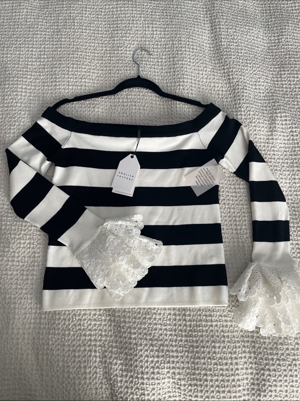 English Factory Striped Boatneck Sweater with Lace Bell Cuffs